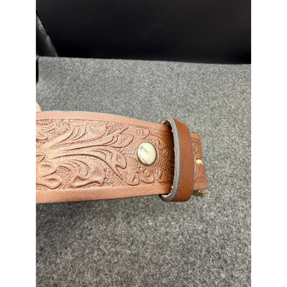 Unbranded Belt Floral Tooled Top Grain Leather Brown Unisex Made In USA Vintage